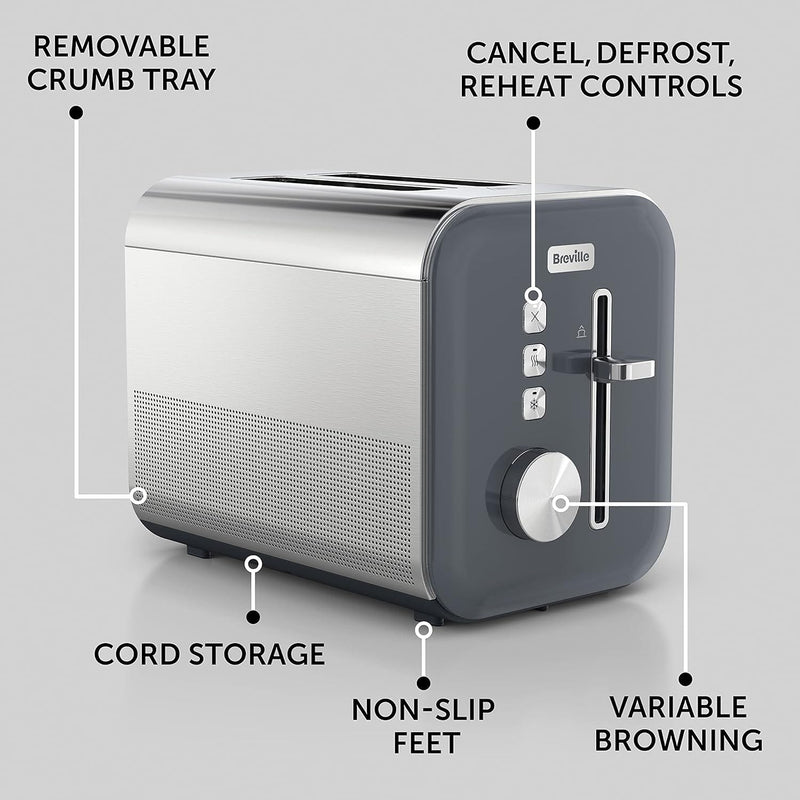 Breville Toaster Breville High Gloss Grey and Stainless Steel 2 Slice Toaster 5060569672594 VTT968 - Buy Direct from Spare and Square