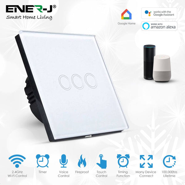 Ener-J Smart Home Smart WiFi Touch Switch 3 Gang - No Neutral Needed - Smart Light Switch - White 7141093839085 SHA5314 - Buy Direct from Spare and Square