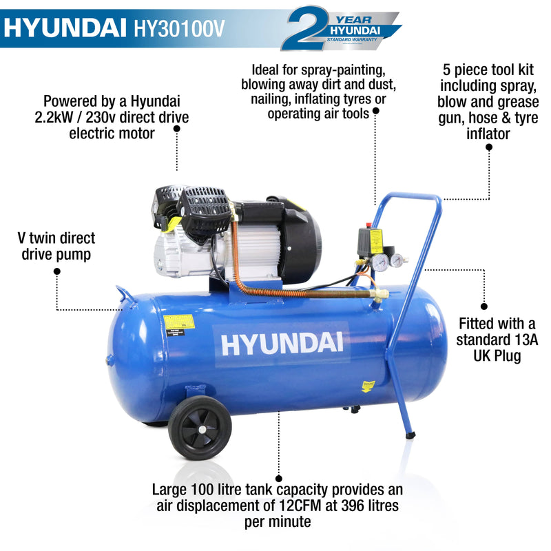 Hyundai Air Compressor Hyundai 100 litre, 116psi, Direct Drive, V-Twin 3HP Air Compressor - HY30100V 5056275722746 HY30100V - Buy Direct from Spare and Square