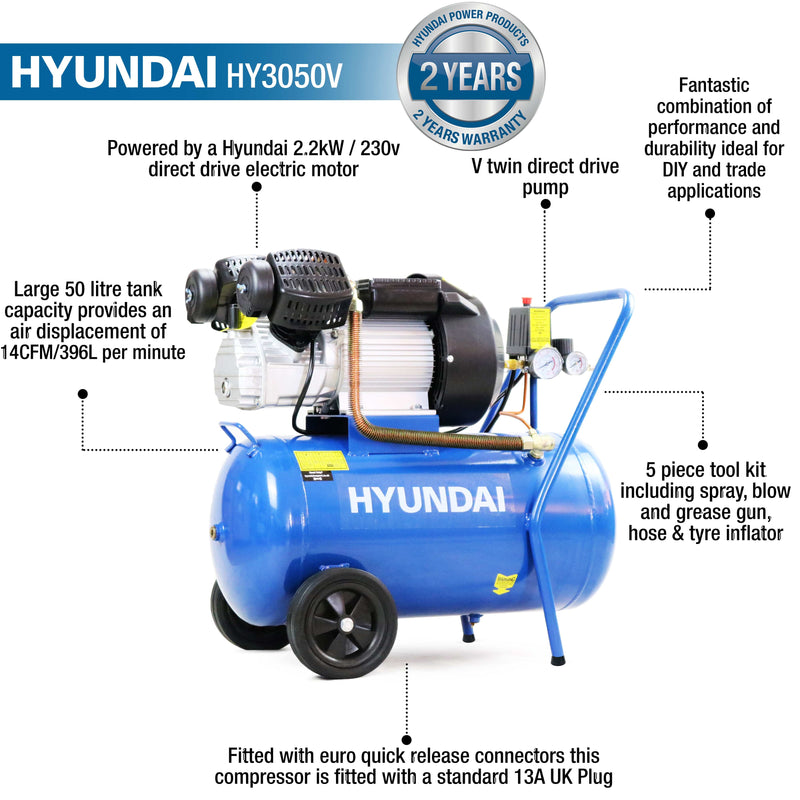 Hyundai Air Compressor Hyundai  50 litre, 116psi, Direct Drive, V-Twin 3HP Air Compressor - HY3050V 5056275722739 HY3050V - Buy Direct from Spare and Square
