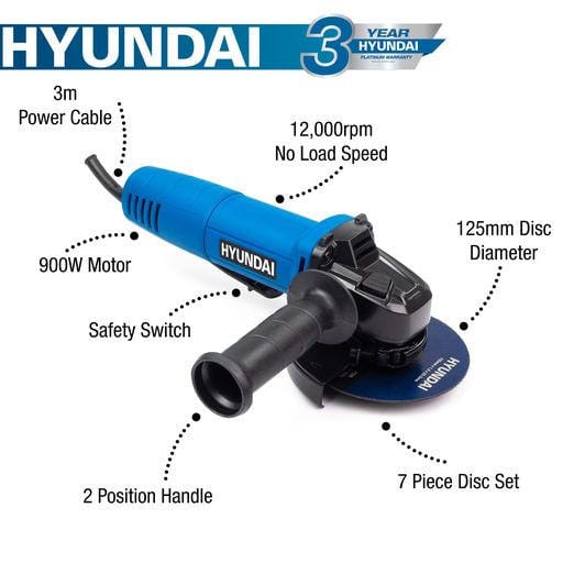 Hyundai Angle Grinder Hyundai 125mm Angle Grinder - 900w 240v - HYAG900E 5059608184488 HYAG900E - Buy Direct from Spare and Square