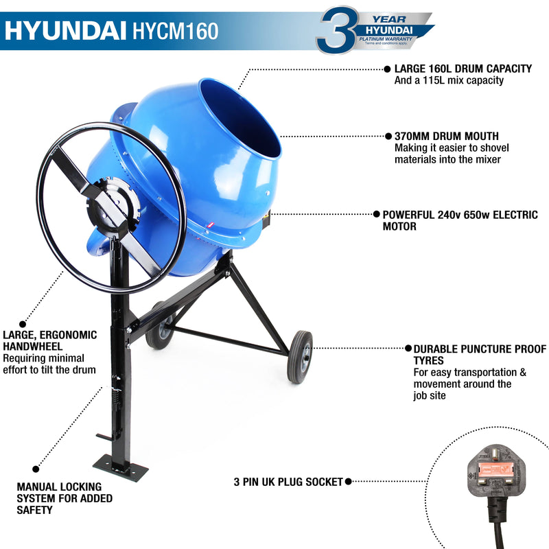 Hyundai Cement Mixer Hyundai Portable Electric Cement / Concrete Mixer 160 litre - HYCM160 0600231974806 HYCM160 - Buy Direct from Spare and Square