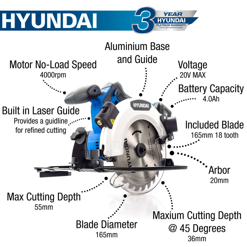 Hyundai Circular Saw Hyundai Cordless Circular Saw - 20v Max Range - 165mm Blade Diameter 5059608234909 HY2183 - Buy Direct from Spare and Square