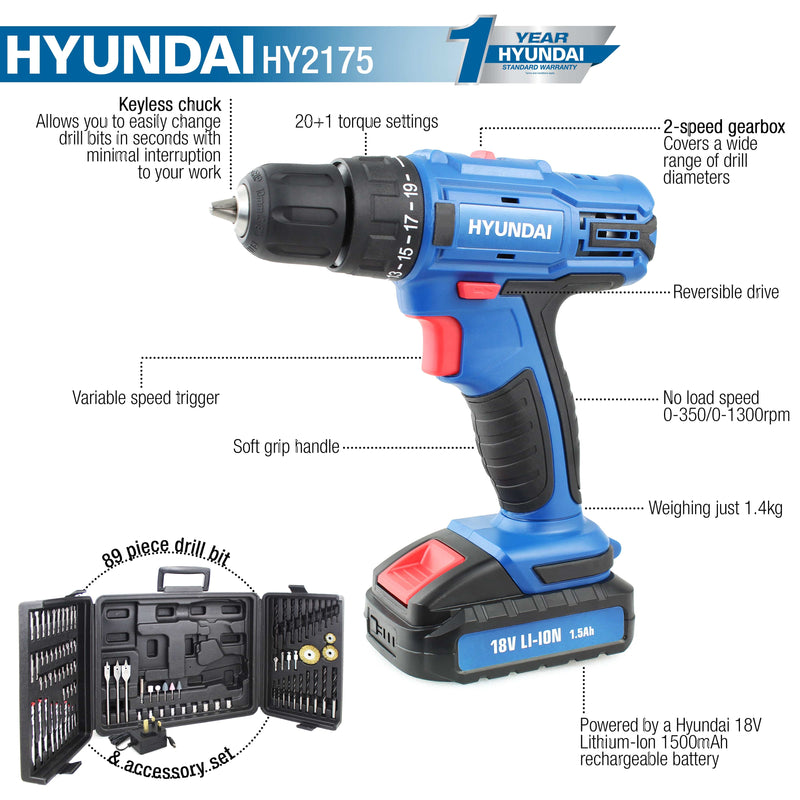 Hyundai Drill Hyundai 18v 1.5AH Li-Ion Cordless Drill with 89 Piece Drill Accessory Kit - HY2175 5056275700263 HY2175 - Buy Direct from Spare and Square