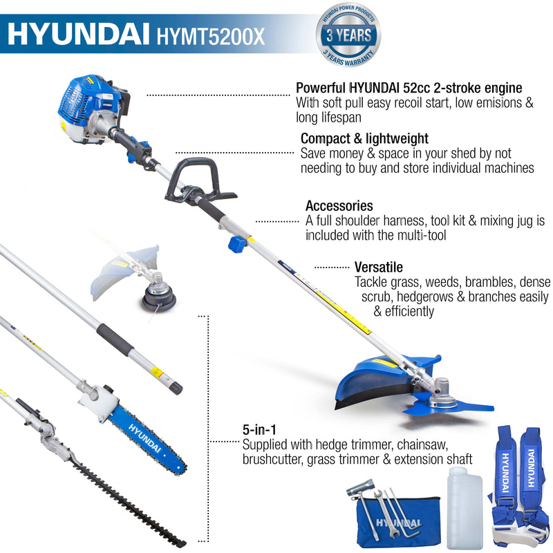 Hyundai Garden Strimmer Hyundai 52cc Petrol Garden Multi Tool 5-in1 Tool Set - HYMT5200X 5056275758806 HYMT5200X - Buy Direct from Spare and Square