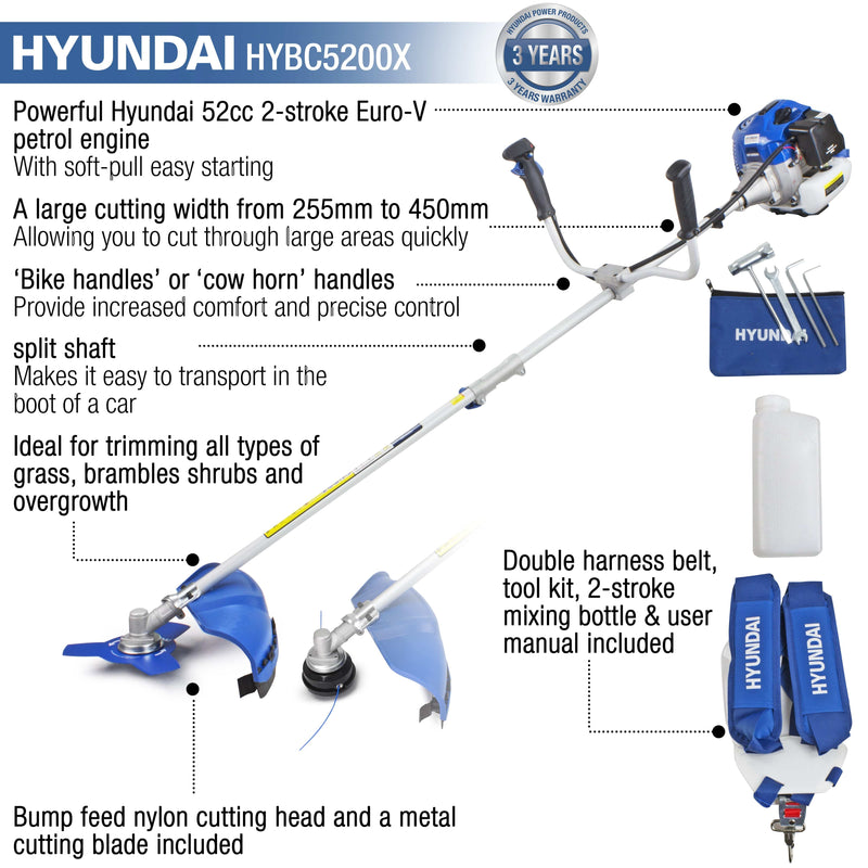 Hyundai Garden Strimmer Hyundai 52cc Petrol Grass Trimmer / Strimmer / Brushcutter - HYBC5200X 5056275758820 HYBC5200X - Buy Direct from Spare and Square