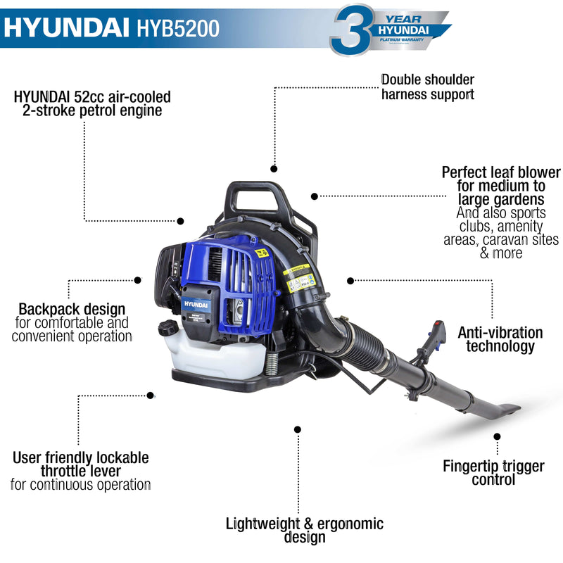 Hyundai Garden Vacuum Hyundai 52cc 2-Stroke Backpack Petrol Leaf Blower - HYB5200 5056275754877 HYB5200 - Buy Direct from Spare and Square