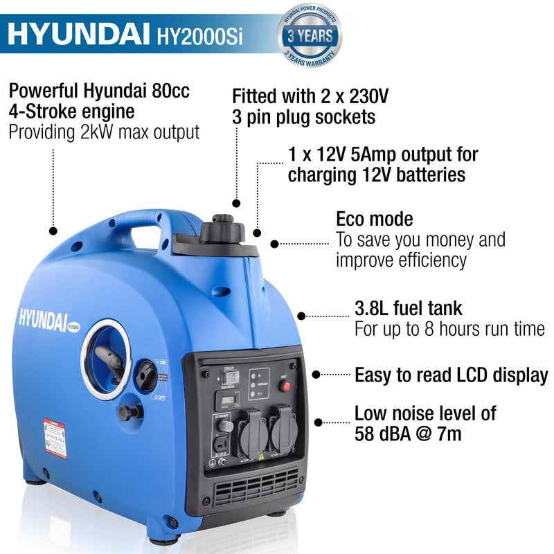 Hyundai Generator Hyundai 2000W Portable Suitcase Inverter Petrol Generator - HY2000Si 5056275759094 HY2000Si - Buy Direct from Spare and Square