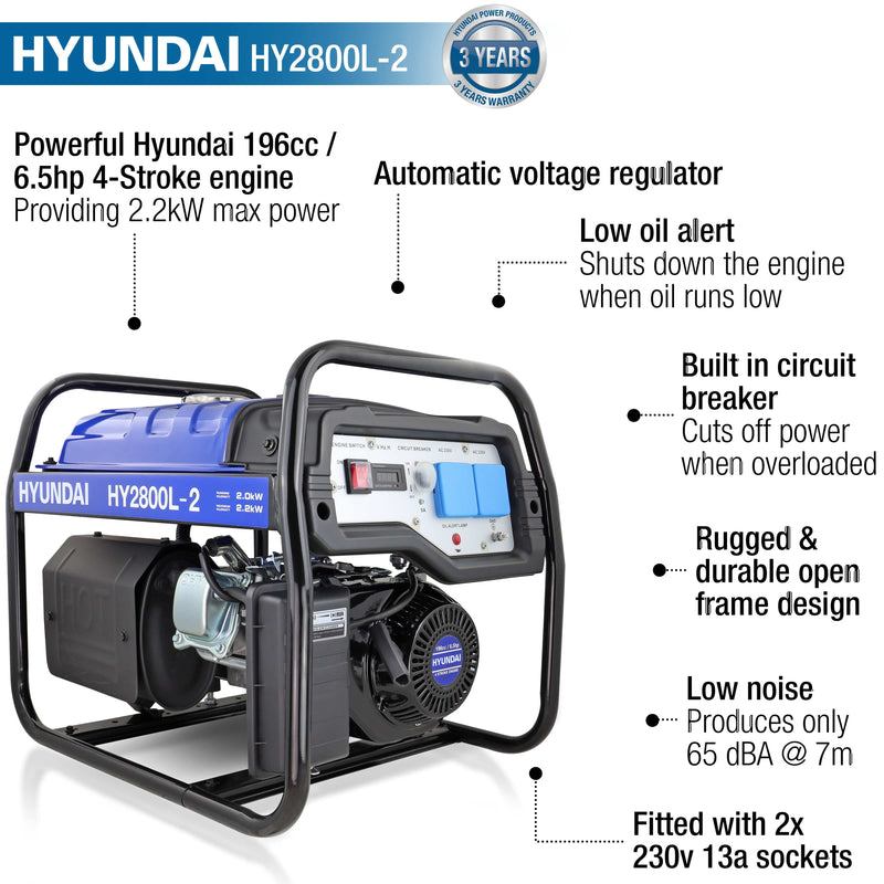 Hyundai Generator Hyundai 2200W 2.75kVa Recoil Start Site Petrol Generator - HY2800L-2 600231978033 HY2800L-2 - Buy Direct from Spare and Square
