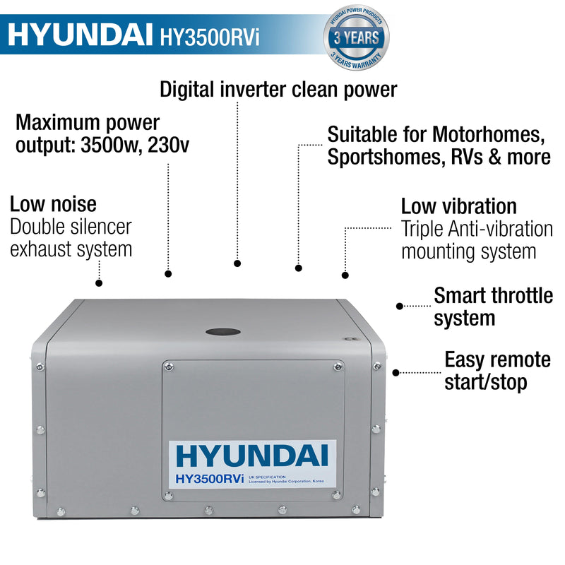 Hyundai Generator Hyundai 3.5kW Motorhome RV Petrol Leisure Generator - HY3500RVi 600231974226 HY3500RVi - Buy Direct from Spare and Square