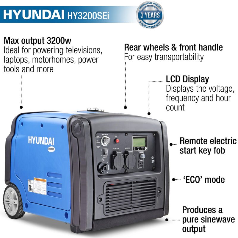 Hyundai Generator Hyundai 3200W Portable Inverter Generator - Ultra Quiet Generator HY3200SEi 719239573024 HY3200SEi - Buy Direct from Spare and Square