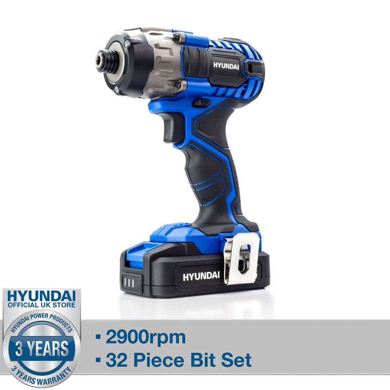 Hyundai Impact Driver Hyundai Cordless 180Nm Impact Driver - 20v Max Range - Includes 32 Piece Drill Bit Set 5059608234848 HY2177 - Buy Direct from Spare and Square