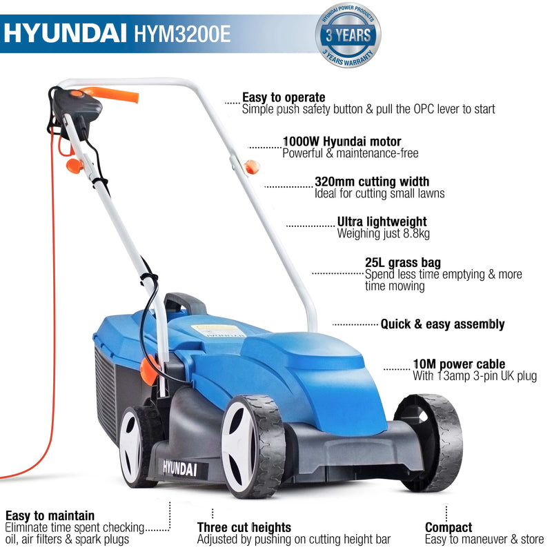 Hyundai Lawnmower Hyundai 32cm 1000w Corded Electric Lawnmower - HYM3200E 5056275755904 HYM3200E - Buy Direct from Spare and Square