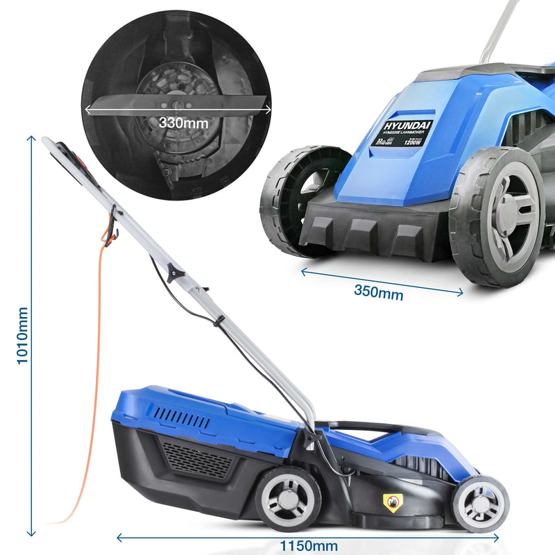 Hyundai Lawnmower Hyundai 33cm 1200w Corded Electric Roller Mulching Lawnmower - HYM3300E 5056275757977 HYM3300E - Buy Direct from Spare and Square