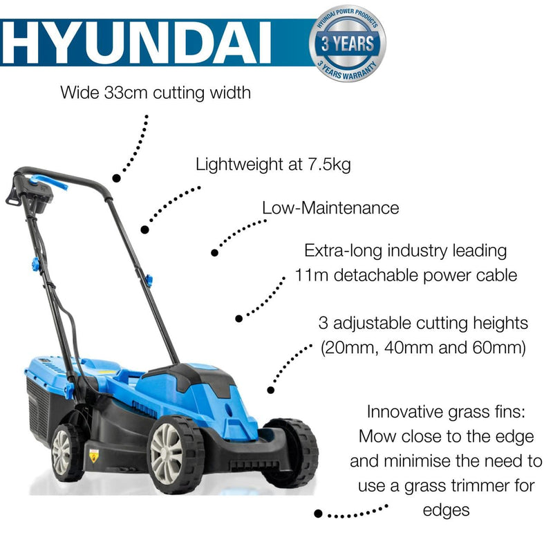 Hyundai Lawnmower Hyundai 33cm 1300w Electric Lawnmower With 30L Collection Bag 5059608421637 HYM3313E - Buy Direct from Spare and Square