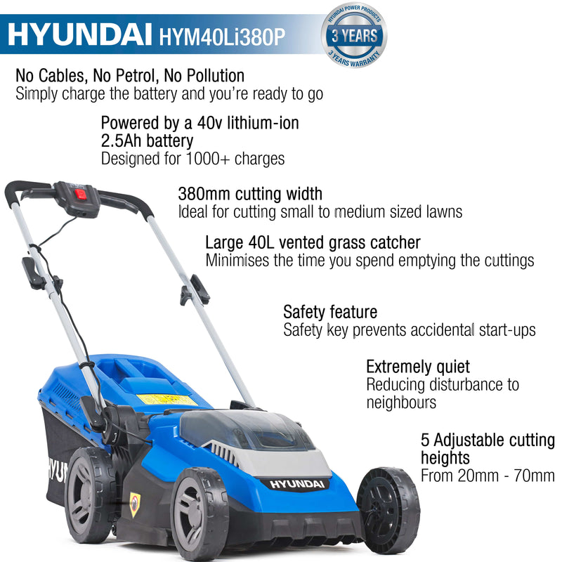 Hyundai Lawnmower Hyundai 40v 38cm Cordless Lithium-Ion Battery Powered Roller Lawnmower - HYM40LI380P 5056275759131 HYM40LI380P - Buy Direct from Spare and Square