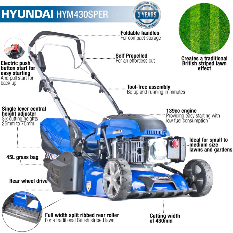 Hyundai Lawnmower Hyundai 43cm 139cc Electric-Start Self-Propelled Roller Petrol Lawnmower - HYM430SPER 5056275756079 HYM430SPER - Buy Direct from Spare and Square