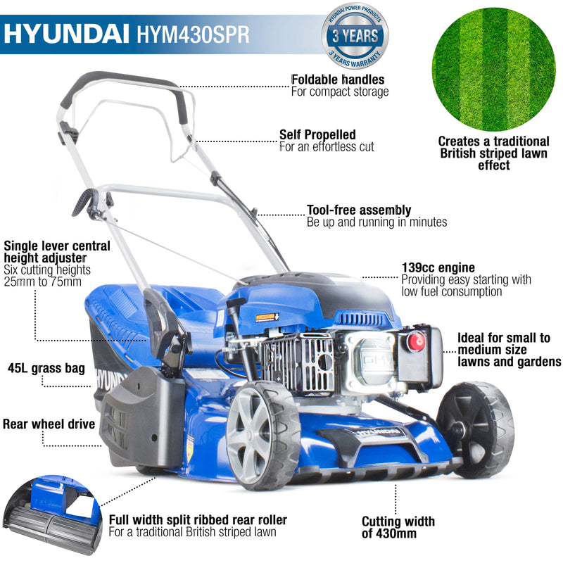 Hyundai Lawnmower Hyundai 43cm 139cc Self-Propelled Petrol Roller Lawnmower - HYM430SPR 5056275756062 HYM430SPR - Buy Direct from Spare and Square