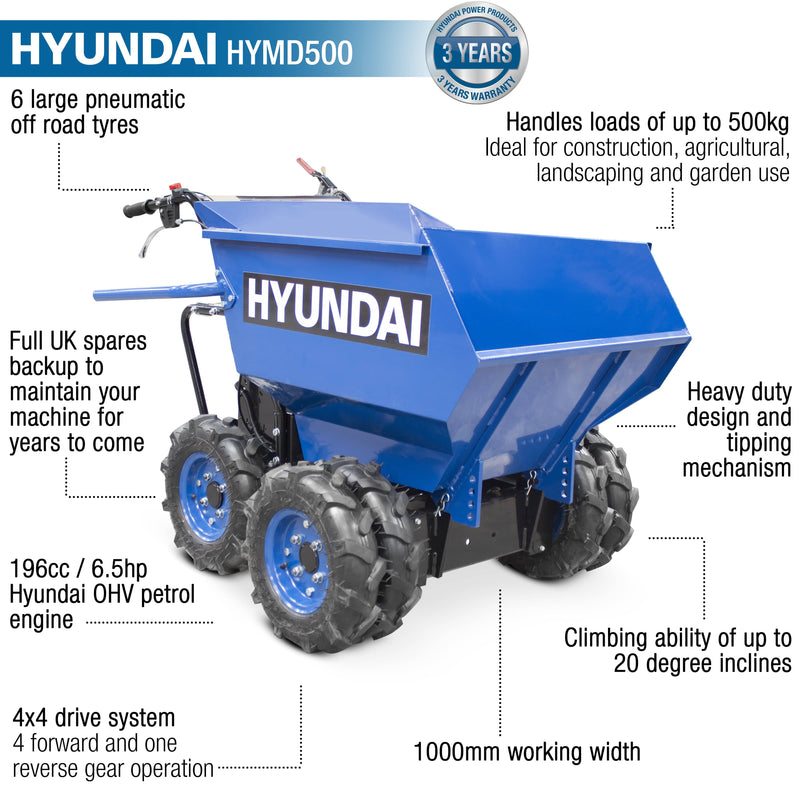Hyundai Mini Dumper Hyundai 196cc 4-Wheel Drive 500kg Payload Mini Dumper / Power Barrow - HYMD500 5056275758875 HYMD500 - Buy Direct from Spare and Square