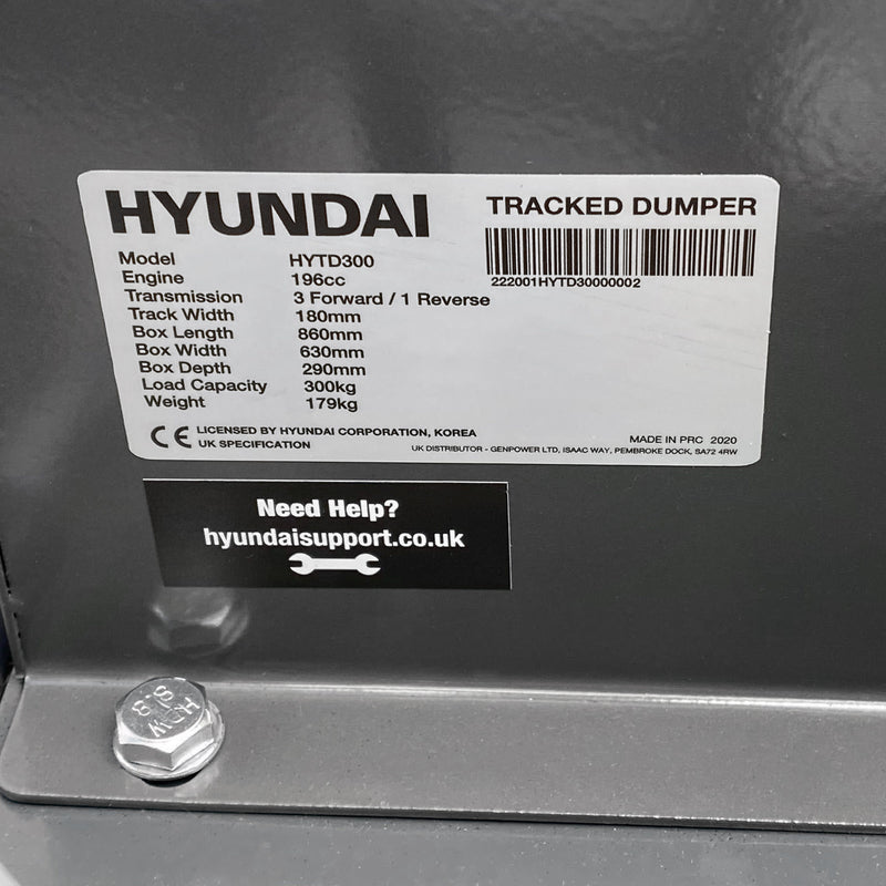 Hyundai Mini Dumper Hyundai 196cc Petrol 300kg Payload Tracked Mini Dumper / Power Barrow / Transporter - HYTD300 5056275758882 HYTD300 - Buy Direct from Spare and Square