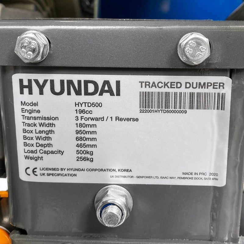 Hyundai Mini Dumper Hyundai 196cc Petrol 500kg Payload Tracked Mini Dumper / Power Barrow / Transporter - HYTD500 5056275758899 HYTD500 - Buy Direct from Spare and Square