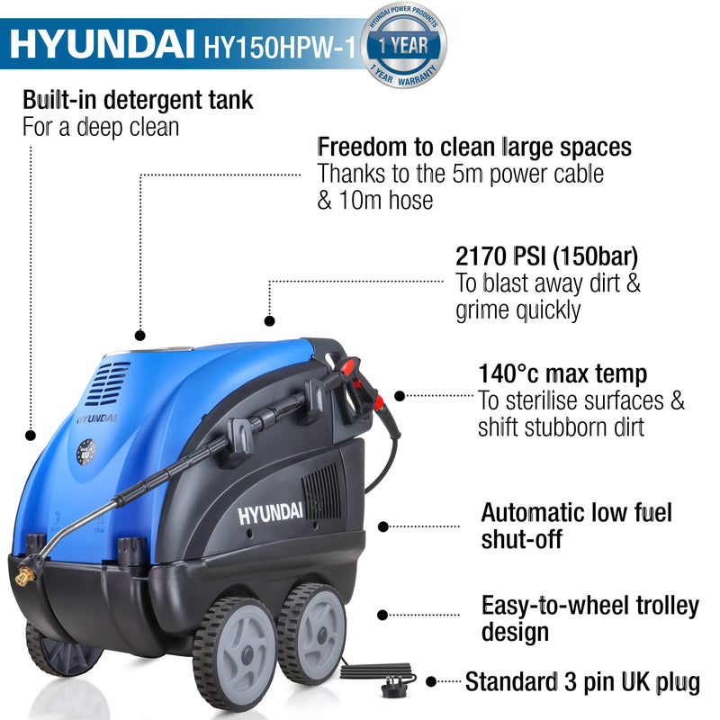 Hyundai Pressure Washer Hyundai 2170PSI Hot Pressure Washer, 140°c - HY150HPW-1 5056275799762 HY150HPW-1 - Buy Direct from Spare and Square
