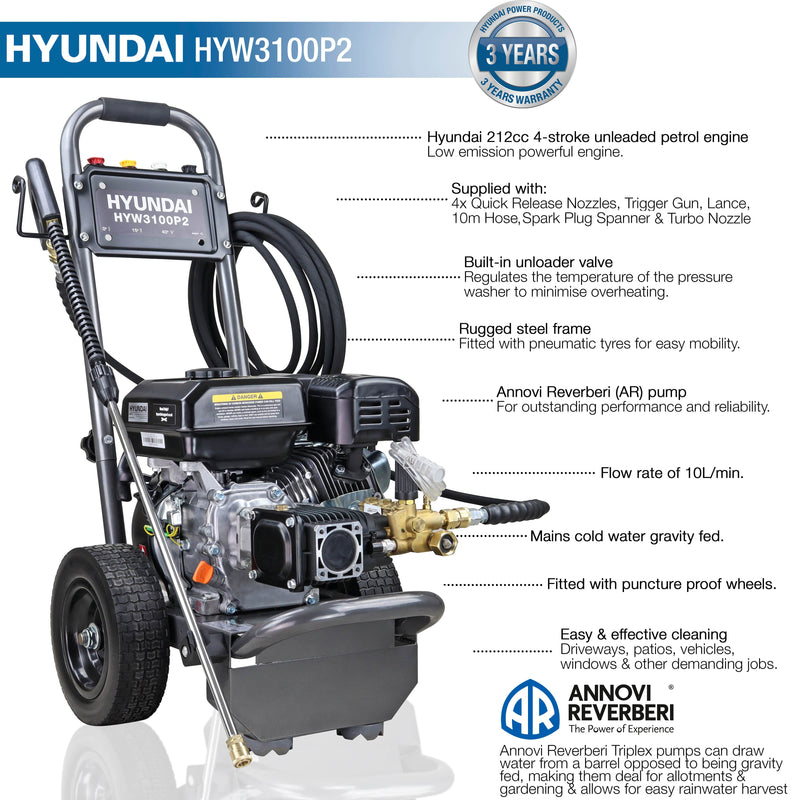 Hyundai Pressure Washer Hyundai HYW3100P2 Petrol Pressure Washer - 3100PSI 10lpm 5056275799458 HYW3100P2 - Buy Direct from Spare and Square
