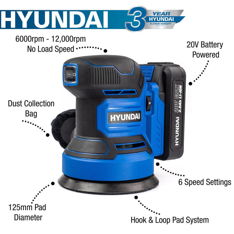 Hyundai Sanders Hyundai 20V Cordless Rotary Sander - 125mm Disc - HY2180 5059608234923 HY2180 - Buy Direct from Spare and Square