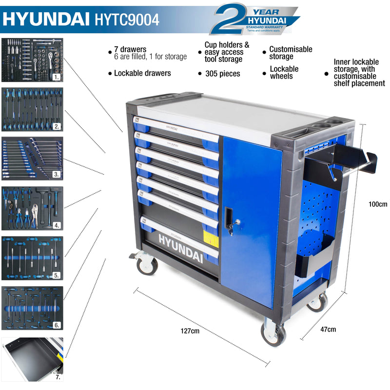 Hyundai Tool Chest Hyundai 7 Drawer Premium Tool Chest Cabinet - Includes 305 Piece Premium Tool Kit 5056275722975 HYTC9004 - Buy Direct from Spare and Square