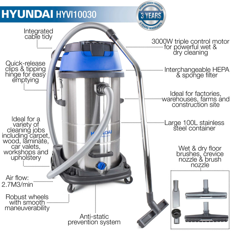 Hyundai Vacuum Cleaner Hyundai HYVI10030 3000w Triple Motor Wet and Dry Vacuum Cleaner 100l 5056275755447 HYVI10030 - Buy Direct from Spare and Square