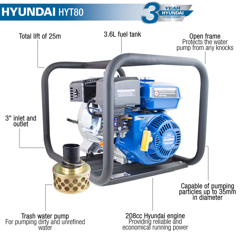 Hyundai Water Pump Hyundai 208cc Professional Petrol Water Trash Pump 3"/76mm Outlet - HYT80 6050604040210 HYT80 - Buy Direct from Spare and Square
