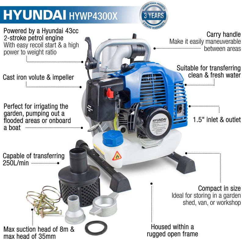 Hyundai Water Pump Hyundai 43cc 2-Stroke 1.5 Inch Water Pump - HYWP4300X 5056275758998 HYWP4300X - Buy Direct from Spare and Square