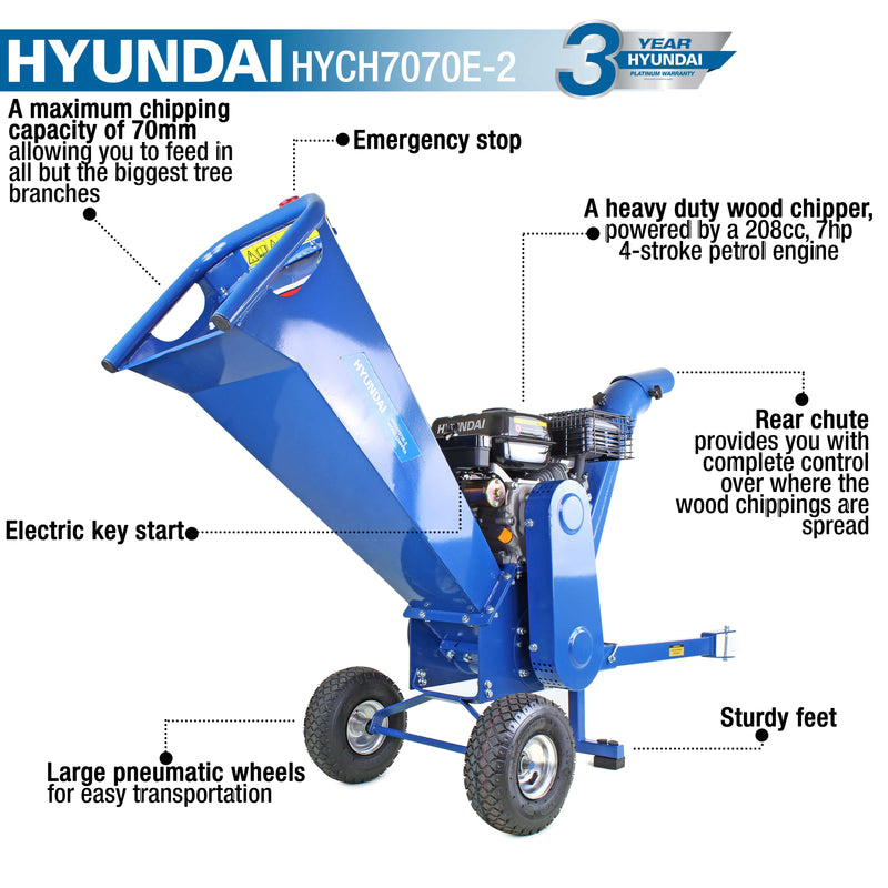 Hyundai Wood Chipper Hyundai 208cc Petrol Powered Electric Start Wood Chipper - HYCH7070E-2 0600231973939 HYCH7070E-2 - Buy Direct from Spare and Square