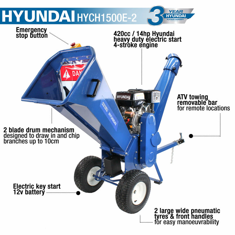 Hyundai Wood Chipper Hyundai 420cc Petrol Powered 4-Stroke Wood Chipper / Shredder / Mulcher - HYCH1500E-2 600231973670 HYCH1500E-2 - Buy Direct from Spare and Square