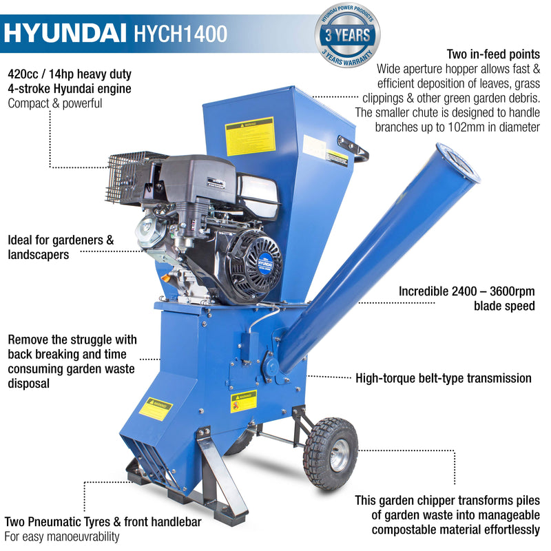 Hyundai Wood Chipper Hyundai 420cc Petrol Powered Wood Chipper / Shredder / Mulcher - HYCH1400 5056275755881 HYCH1400 - Buy Direct from Spare and Square