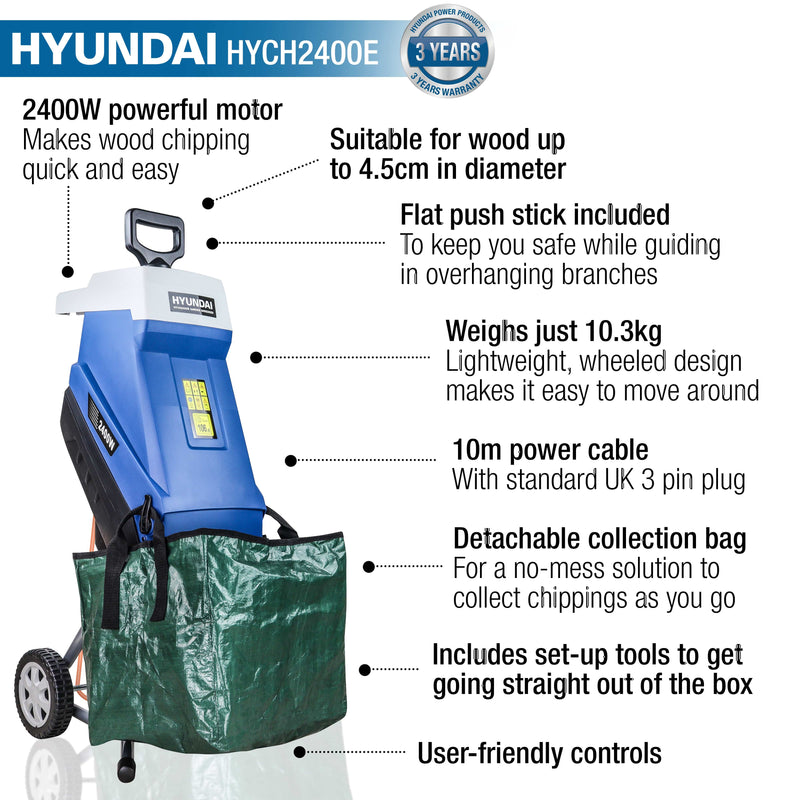 Hyundai Wood Chipper Hyundai Electric Garden Shredder 2400w - HYCH2400E 5056275799779 HYCH2400E - Buy Direct from Spare and Square