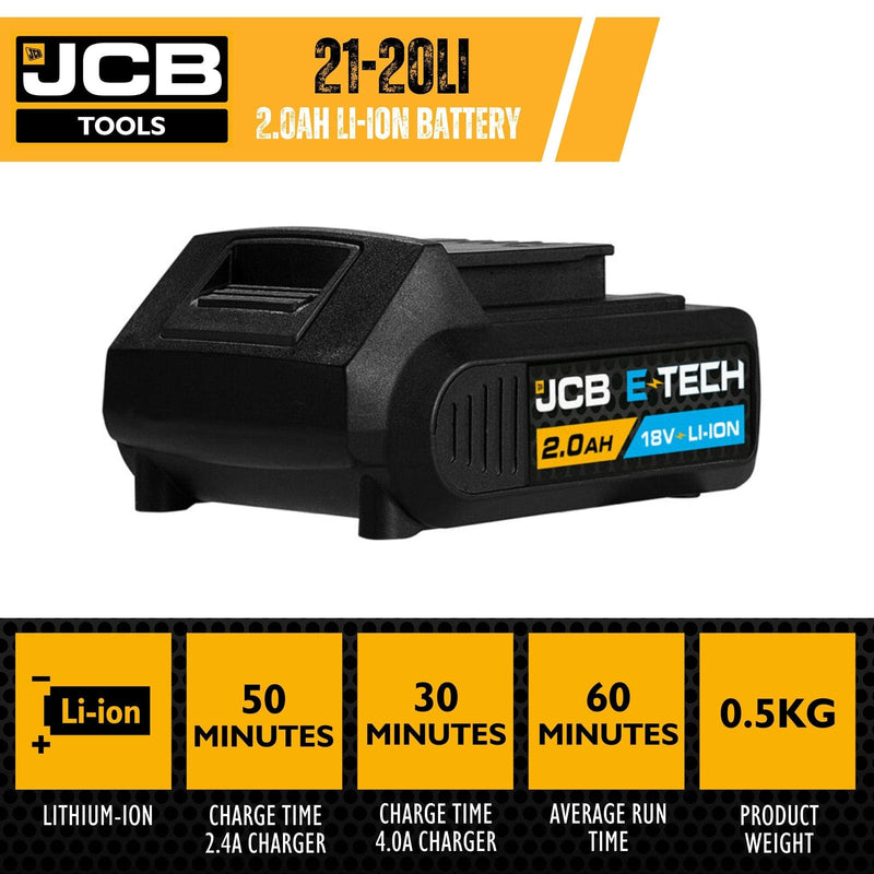 JCB Battery JCB 18V 2.0Ah Lithium-ion Battery and 2.4A Fast Charger 21-20LIBTFC - Buy Direct from Spare and Square