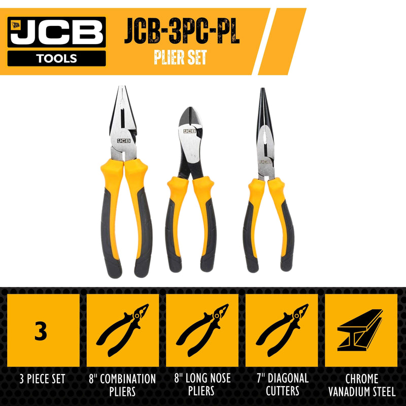 JCB Drill Bits JCB Tools 3 Piece Plier Set, Heavy-Duty Steel Hand Tools JCB-3PC-P - Buy Direct from Spare and Square