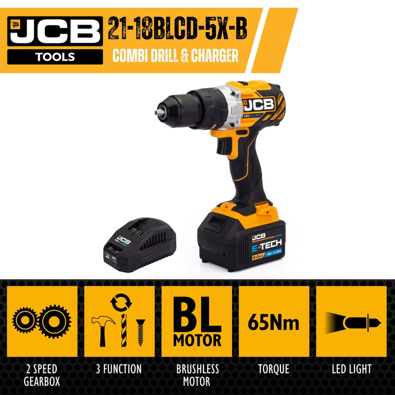 JCB Drill JCB 18v Cordless Combi Drill With 5Ah Battery and Charger JCB-18BLCD-5X-B - Buy Direct from Spare and Square