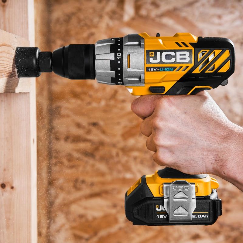 JCB Drills JCB 18V Cordless Drill Driver 4.0Ah Li-Ion Battery, 2.4A Charger, 13mm 1/2" Keyless Chuck JCB-18DD-4XB - Buy Direct from Spare and Square