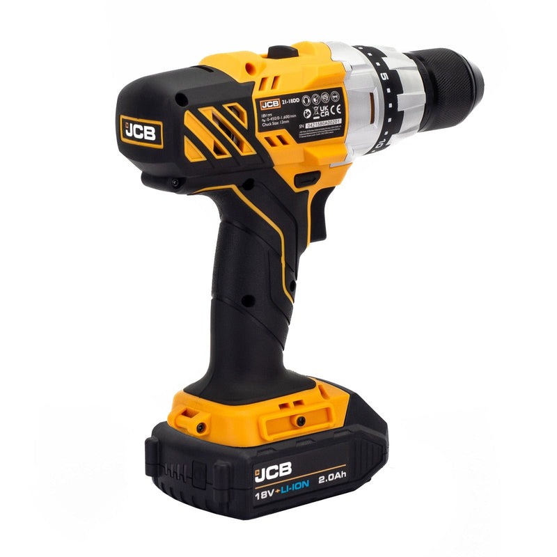 JCB Drills JCB 18V Drill Driver, 45Nm, 2.0Ah Li-ion Battery, 2.4A fast charger,13mm 1/2" Keyless Chuck 21-18DD-2XB - Buy Direct from Spare and Square
