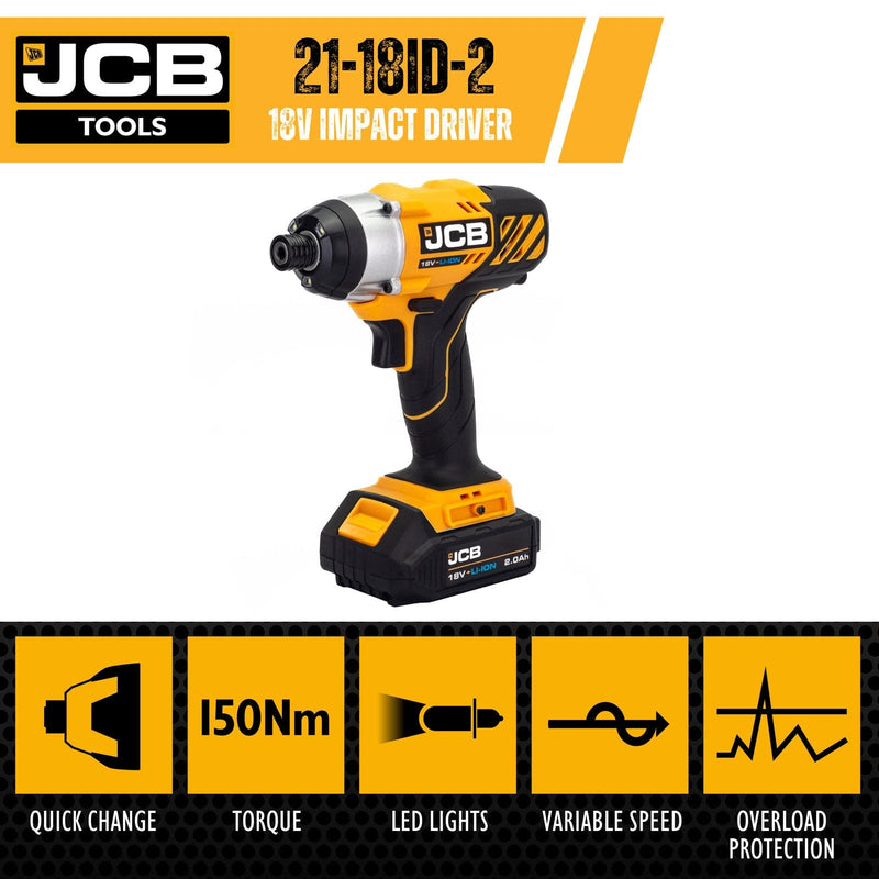 JCB Drills JCB 18V Impact Driver, 150Nm, 2.0Ah Li-Iion Battery and 2.4A Charger, 1/4" Hex Chuck 21-18ID-2XB - Buy Direct from Spare and Square