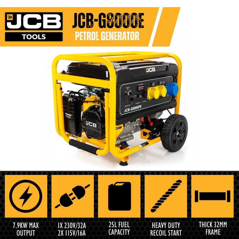 JCB Generator JCB 7900W 9.8kVa Electric Start Petrol Generator - G8000PE 5059608313062 JCB-G8000PE - Buy Direct from Spare and Square