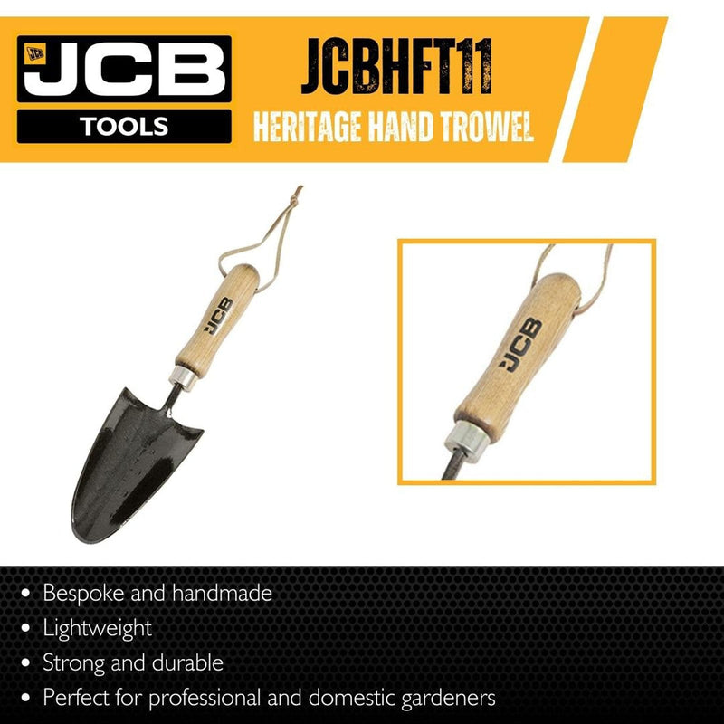 JCB Hand Tools JCB Heritage Hand Trowel, Heavy-Duty 80 x 170mm Steel Blade, Ash Wood Handle JCBHFT11 - Buy Direct from Spare and Square