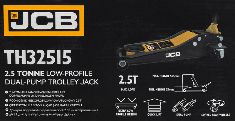JCB Jack JCB 2.5 Tonne Low-Profile Double-Pump Trolley Jack JCB-TH32515 - Buy Direct from Spare and Square