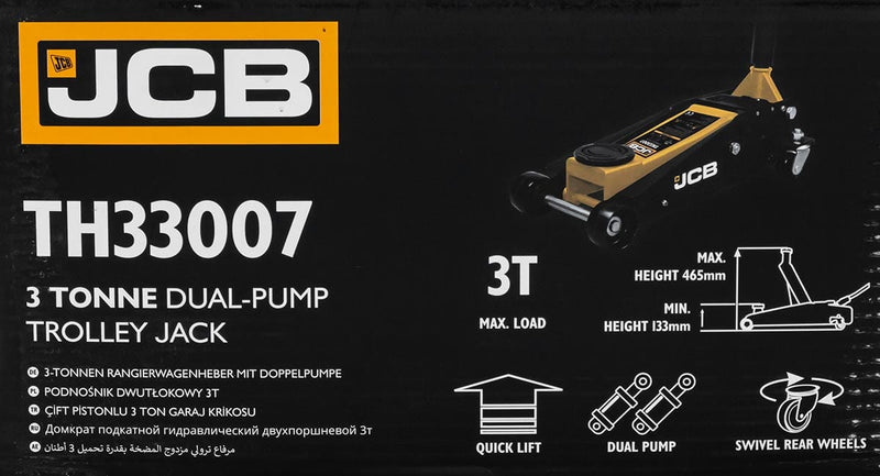 JCB Jack JCB 3 Tonne Double-Pump Hydraulic Trolley Jack JCB-TH33007 - Buy Direct from Spare and Square