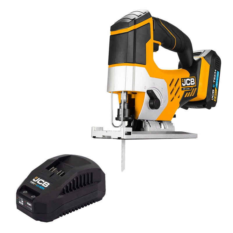 JCB Jigsaws JCB 18V Cordless Jigsaw 2Ah Li-Ion Battery & Charger, 0-45 degrees Cutting Positions 21-18JS-2XB - Buy Direct from Spare and Square