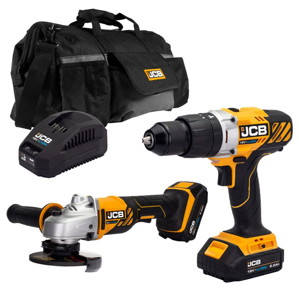 JCB Kits JCB 18V Combi Drill  & Angle Grinder Kit 2x 2.0ah Li-Ion Batteries, Fast Charger in 20" kit bag 21-18AGCD-2 - Buy Direct from Spare and Square