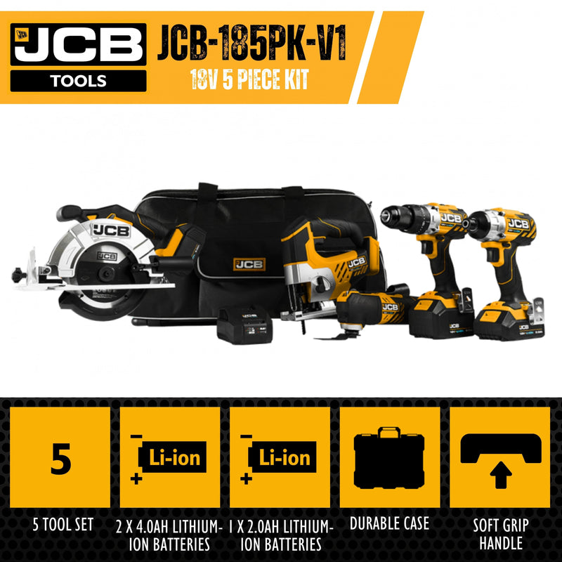 JCB Kits JCB 18V Cordless Power Tool Kit, Comi Drill, Impact Driver, Multi-tool, Jigsaw, 2 x 4.0Ah, 1x 2.0Ah Batteries, Charger & Bag JCB-185PK-V1 - Buy Direct from Spare and Square