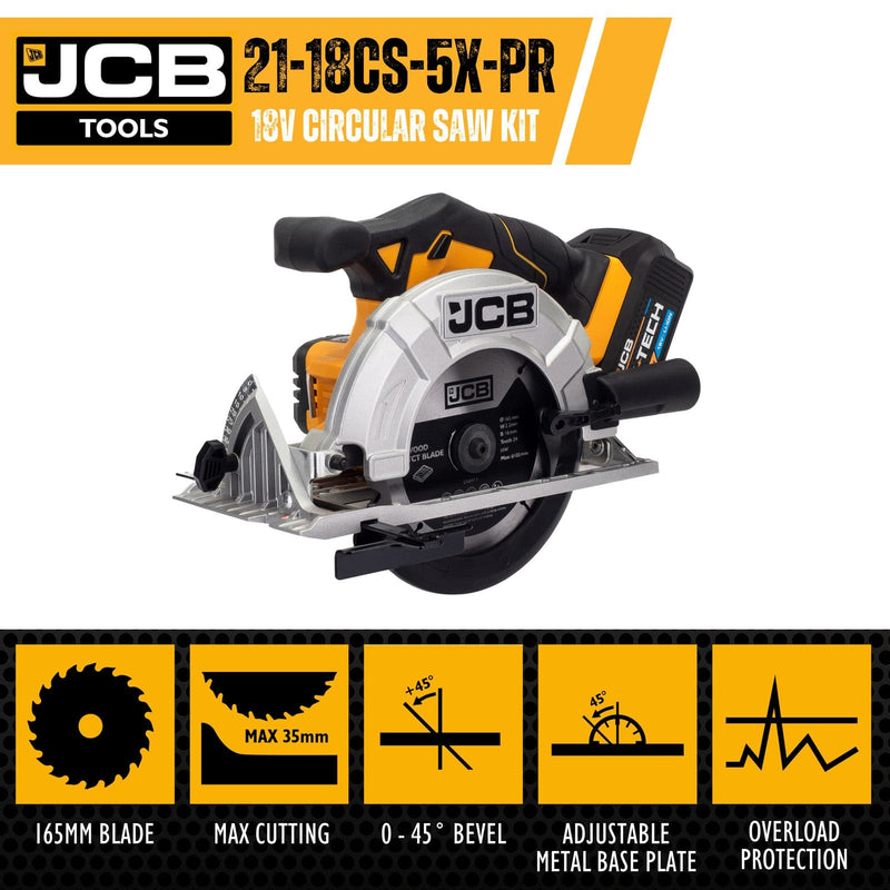 JCB Saws JCB 18V Circular Saw Kit,  165mm / 6.5'', 5Ah Li-Ion Battery, 20" Kit Bag , 2x TCT Saw Blade Set 21-18CS-5X-PR - Buy Direct from Spare and Square